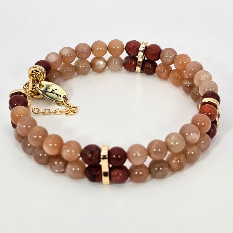Sunstone & Red Jasper Agate 6mm double Strand Bracelet- Gold