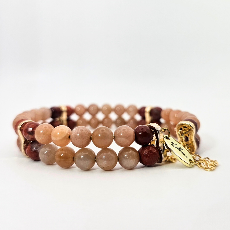Sunstone & Red Jasper Agate 6mm double Strand Bracelet- Gold