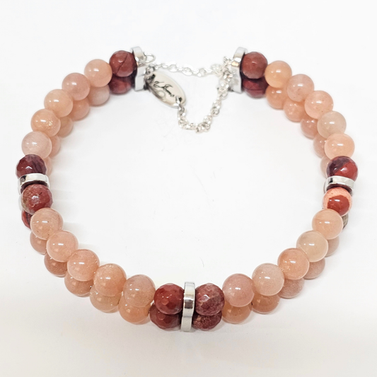 Sunstone & Red Jasper Agate 6mm double Strand Bracelet- Silver