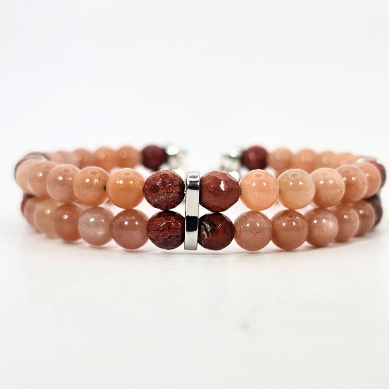 Sunstone & Red Jasper Agate 6mm double Strand Bracelet- Silver