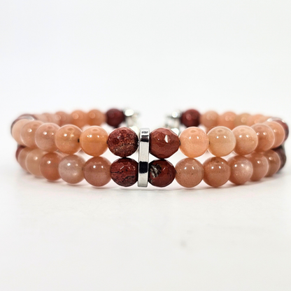 Sunstone & Red Jasper Agate 6mm double Strand Bracelet- Silver