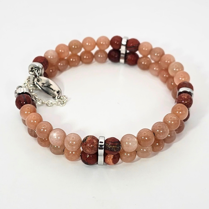 Sunstone & Red Jasper Agate 6mm double Strand Bracelet- Silver