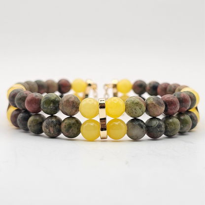 Unakite & Yellow Angelite 6mm Double Strand Bracelet - Gold
