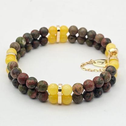 Unakite & Yellow Angelite 6mm Double Strand Bracelet - Gold
