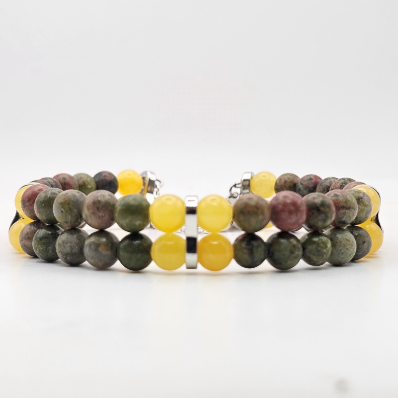 Unakite & Yellow Angelite 6mm Double Strand Bracelet - Silver