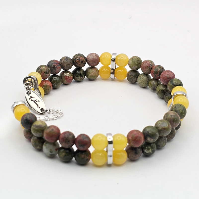 Unakite & Yellow Angelite 6mm Double Strand Bracelet - Silver