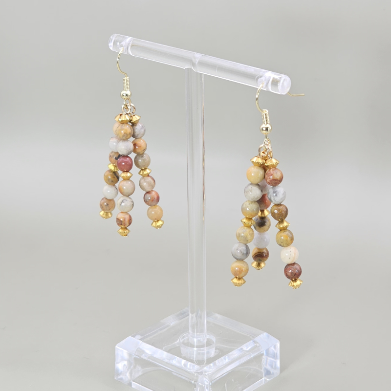 Crazy Lace Agate Triple Strand Dangle- Gold