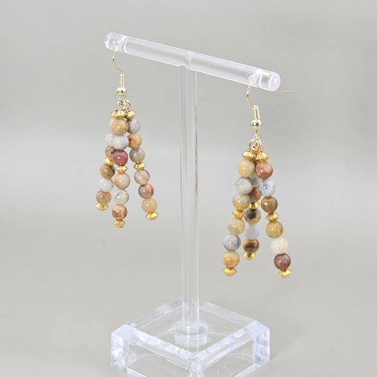 Crazy Lace Agate Triple Strand Dangle- Gold