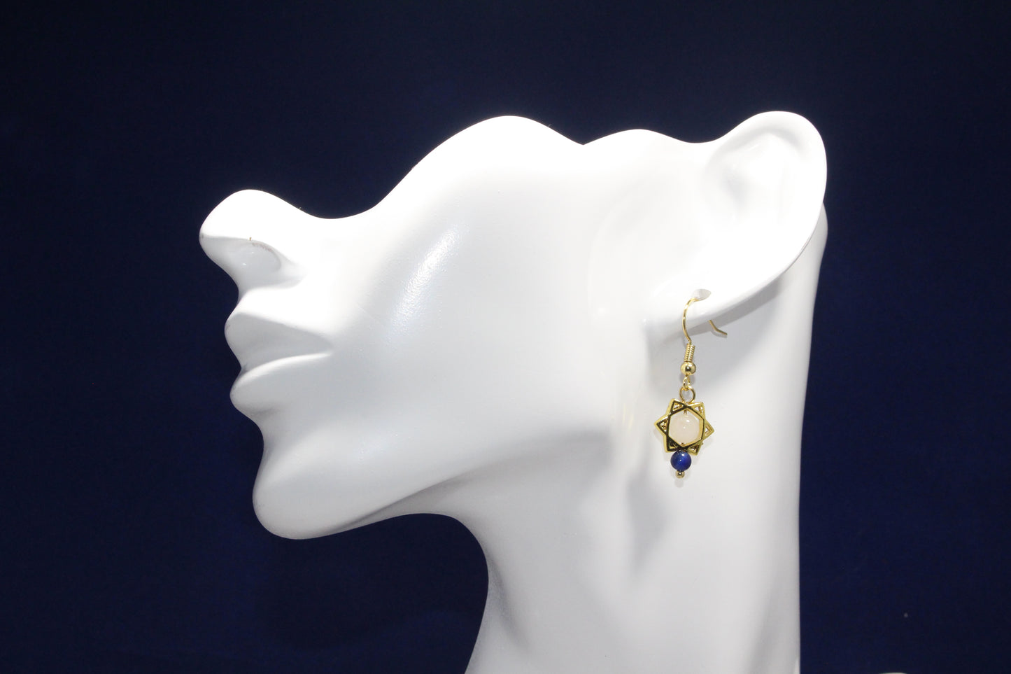 Holiday Star Dangle Earrings White Jade & Blue Tiger’s Eye - Gold