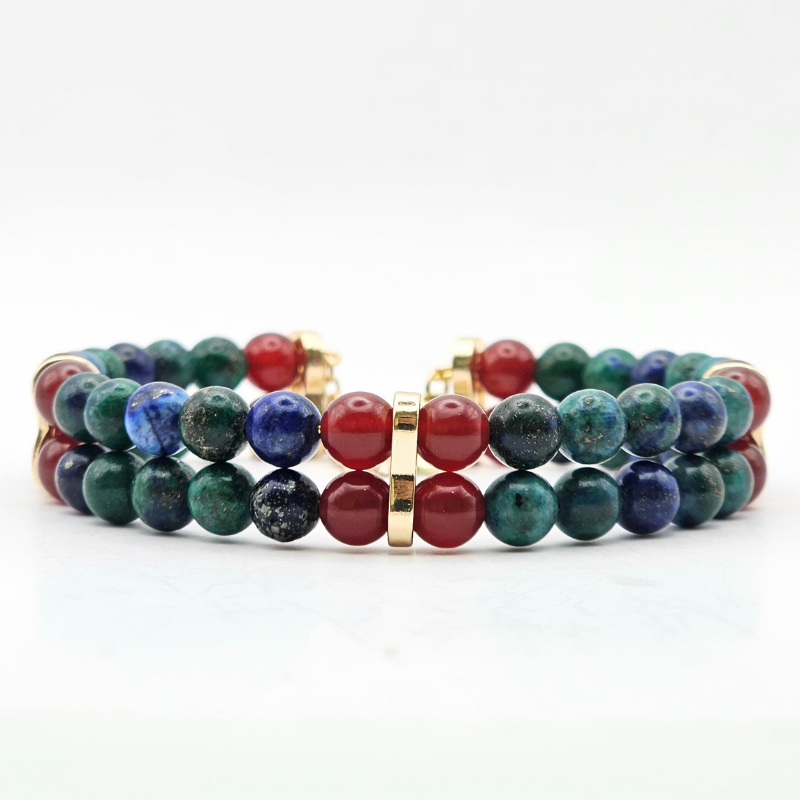 Azurite & Carnelian Double 6mm Strand Bracelet- Gold