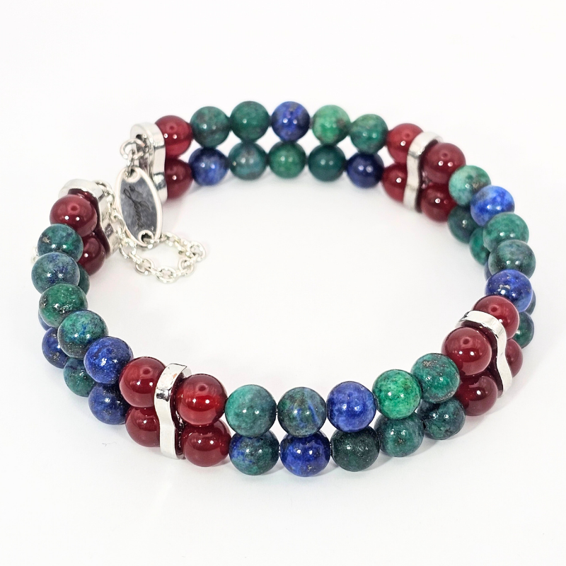 Azurite & Carnelian Double 6mm Strand Bracelet- Silver