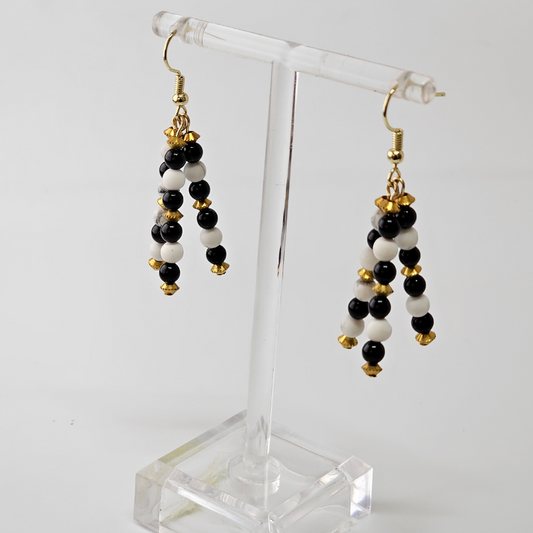 Howlite-Black Onyx Triple Strand Dangle- Gold